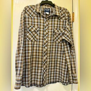 Wrangler Pearl Snap Long Sleeve Brown Plaid Western Cowboy Ranch Shirt size XL